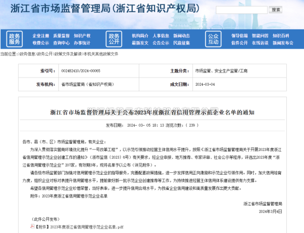 成人抖音视频入选2023年度浙江省信用管理示范企业名单