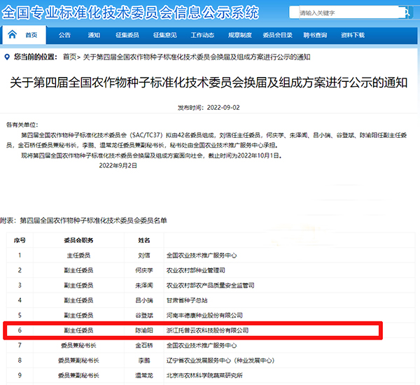 董事长陈渝阳入选全国农作物成人抖音APP官网标准化技术委员会副主任委员